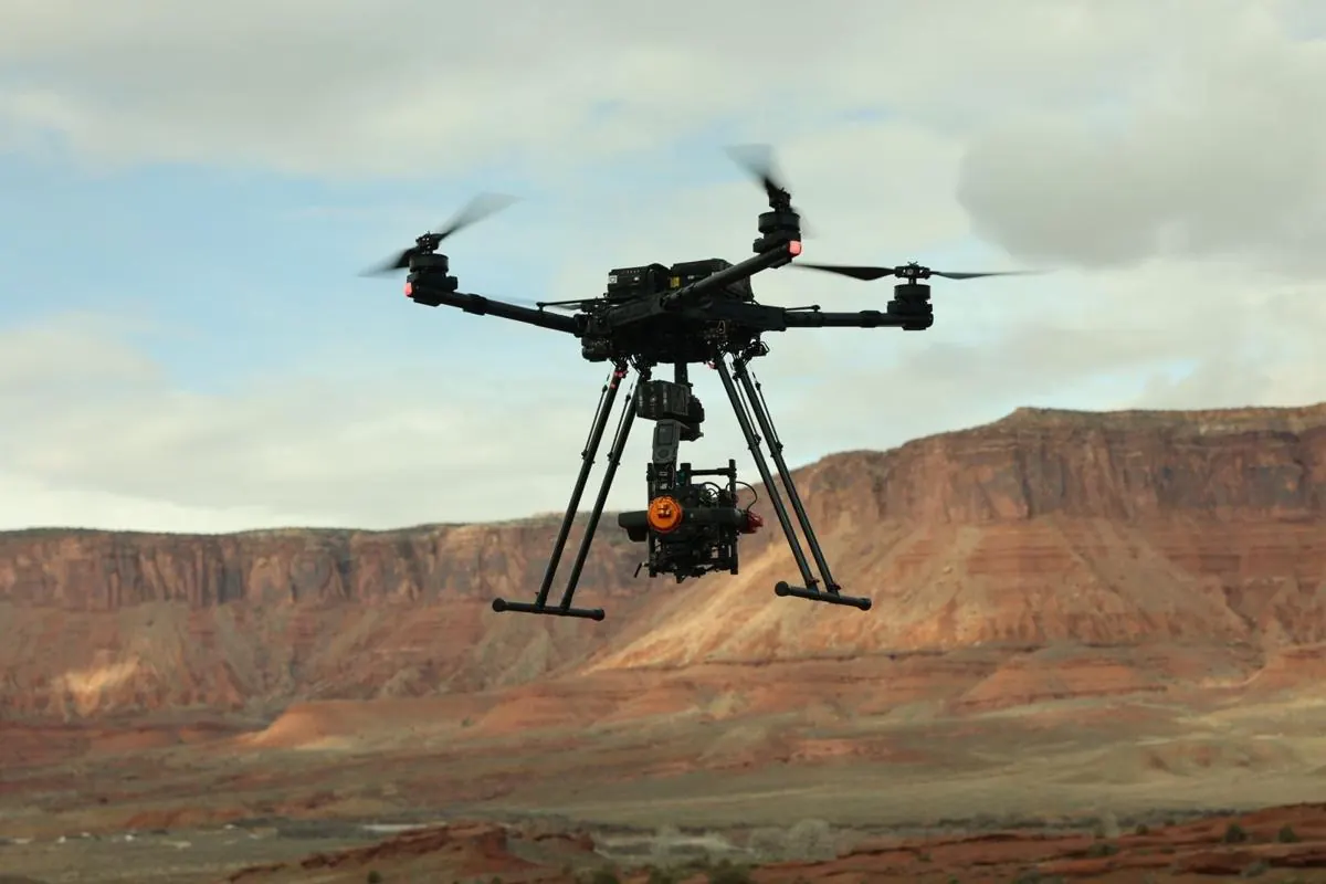 XBRAND's Freefly Alta X in flight with a cinema camera on the gimbal