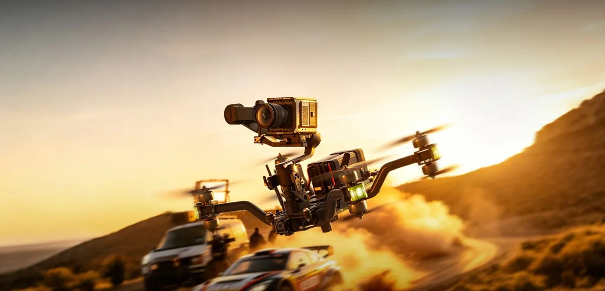 iFlight Taurus X8 Pro Max V2 in flight with a cinema camera, chasing cars at sunset