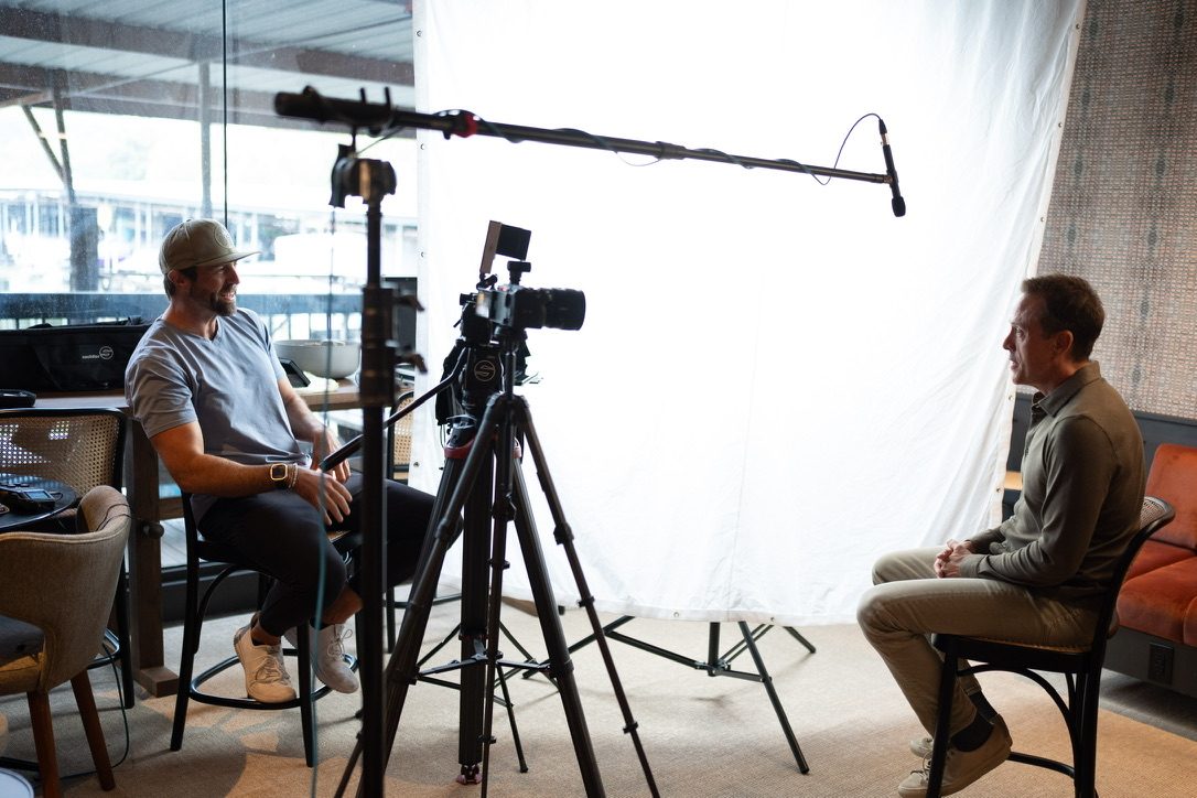 An interview set with a camera on a slider