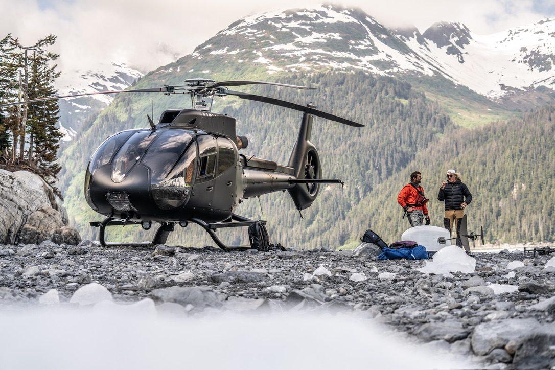 A camera helicopter on a glacier